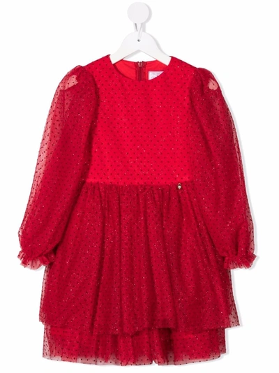 Simonetta Kids' Polka-dot Long Sleeve Dress In Rosso