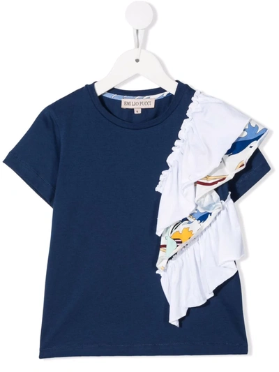 Emilio Pucci Junior Kids' Ruffle-detail Cotton T-shirt In Blue