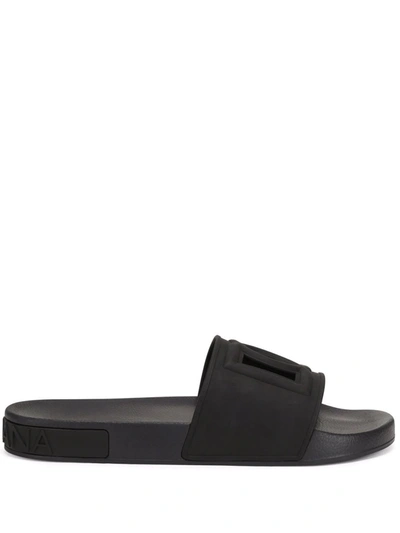 Dolce & Gabbana Rubber Beachwear Sliders With Dg Millennials Logo In Black