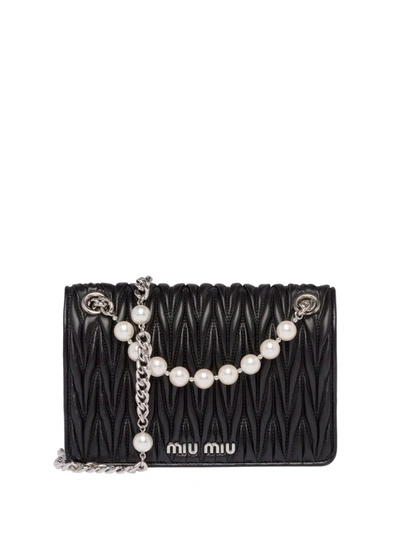 Miu Miu Quilted Leather Bag With Logo Lettering And Pearls In Nero
