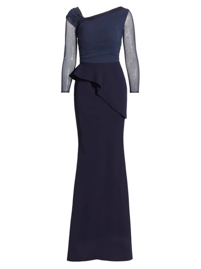 Chiara Boni La Petite Robe Rippy Asymmetrical 3/4-sleeve Illusion Gown In Blu Notte