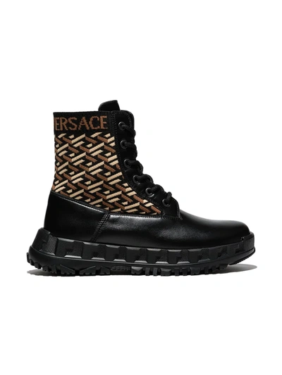 Versace Teen La Greca Combat Boots In Black