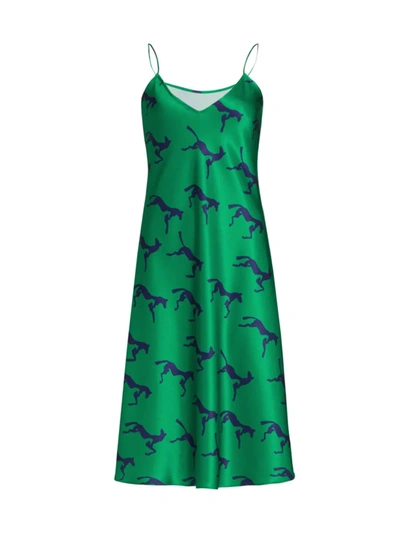Alejandra Alonso Rojas Horse Print Slip Dress In Green With Blue Horse Print