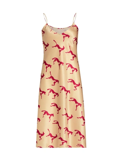 Alejandra Alonso Rojas Horse Print Slip Dress In Camel With Red Horse Print