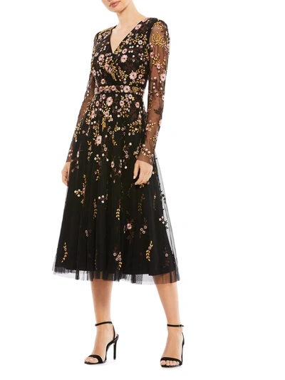 Mac Duggal Black Multicolor Floral Embroidered A-line Cocktail Dress In Us 20