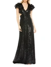 Mac Duggal Sequin Flounce Shoulder Cut Out Gown In Black