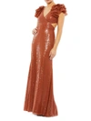 Mac Duggal Sequin Flounce Shoulder Cut Out Gown In Brick