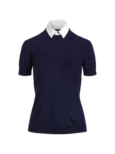 Ralph Lauren Short-sleeve Cashmere Sweater W/ Detachable Collar In Navy
