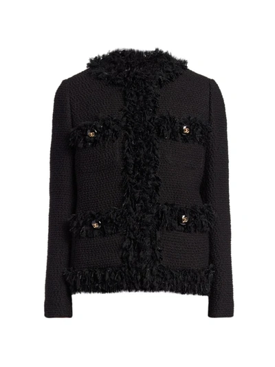 Dolce & Gabbana Boucle Knit Fringe Trim Jacket In Nero