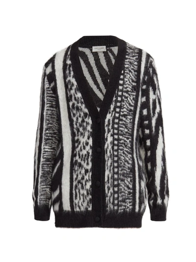 Saint Laurent Patchwork Jungle-pattern V-neck Mohair Cardigan In Black