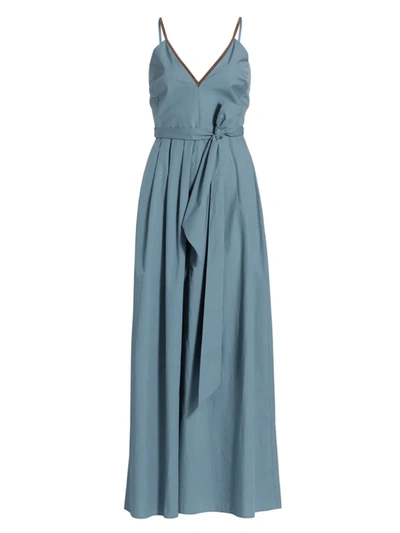 Brunello Cucinelli Bead-embellished Cotton-twill Maxi Dress In Bright Blue