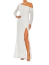 Mac Duggal Metallic One-shoulder Sheath Evening Gown In White
