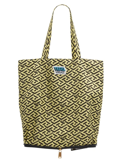 Versace La Greca Signature Travel Tote Nylon Printed Greca In  Gold