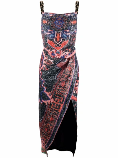 Balmain Printed Sequin-embellished Dress In Blue