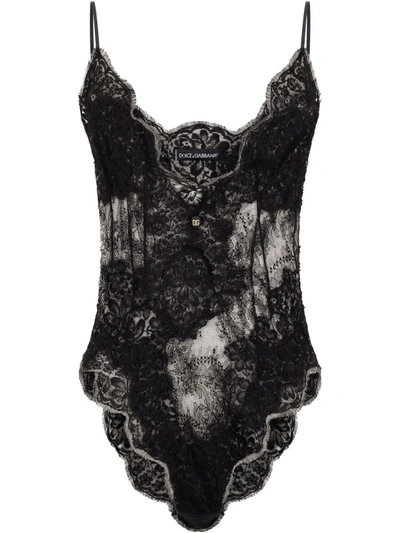Dolce & Gabbana Lace Bodysuit With Plunging Neckline In Black