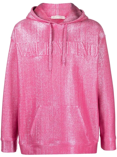 Valentino Logo-embossed Metallic Cotton-blend Jersey Hoodie In Pink