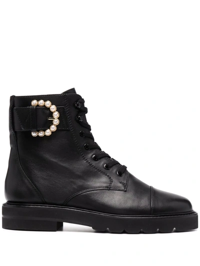 Stuart Weitzman Piper Pearl-embellished Leather Ankle Boots In Black