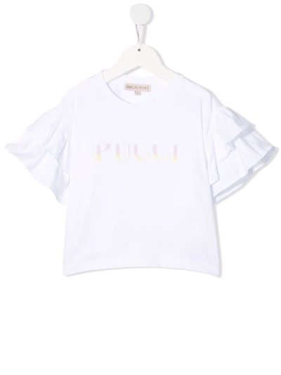 Emilio Pucci Junior Kids' Logo-sequined Ruffled T-shirt In White