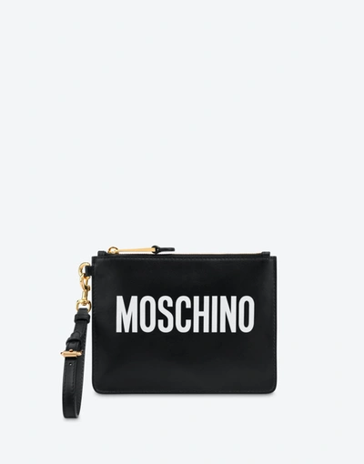 Moschino Small Calf Leather Clutch With Logo In Black