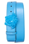 Versace Medusa Head Leather Belt In Blue-blue- Gold