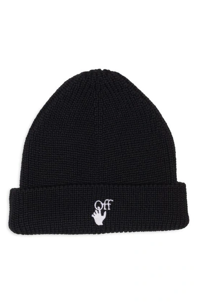Off-white Hands Off Ribbed-knit Beanie In Black White