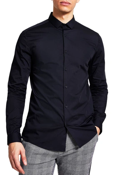 River Island Long Sleeve Smart Embroidered Muscle Fit Shirt In Black