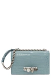 Alexander Mcqueen Croc Embossed Knuckle Ring Leather Shoulder Bag In Blue Grey