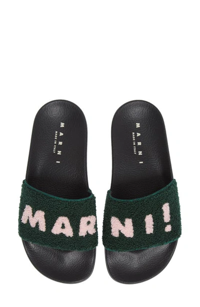 Marni Logo Terry Pool Slide Sandal In Dusty Olive/ Quartz