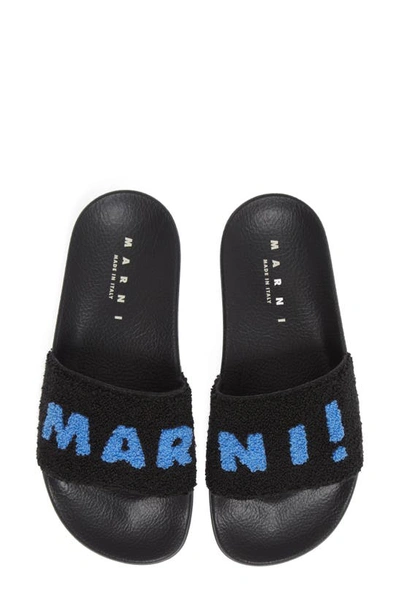 Marni Logo Terry Pool Slide Sandal In Black/sky