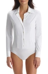 Commando Classic Long Sleeve Button-down Thong Bodysuit In White