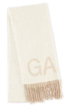 Ganni Branded Fringed Recycled-wool-blend Scarf In Egret