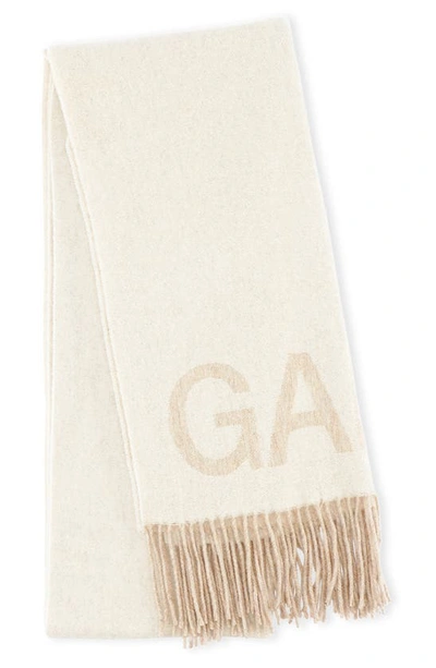 Ganni Branded Fringed Recycled-wool-blend Scarf In Egret