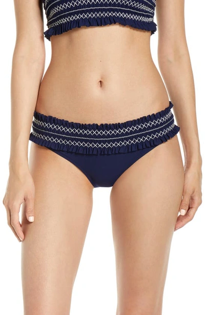 Tory Burch Costa Smocked Hipster Bikini Bottoms In Tory Navy / New Ivory