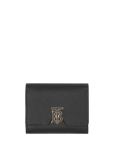 Burberry Grained Leather Tb Monogram Folding Wallet In Black