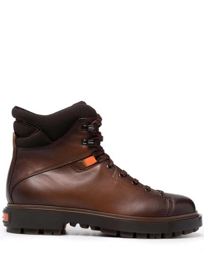 Santoni Distressed Lace-up Mountain Boots In Braun