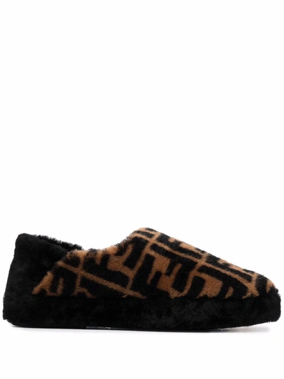 Fendi Men's Ff Logo Shearling Slippers In Tobacco Nero