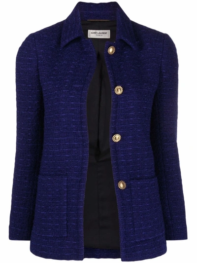 Saint Laurent Tweed Button-up Jacket In Blue