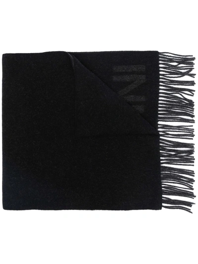 Ganni Recycled Wool-blend Fringe Scarf In Black
