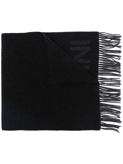 Ganni Recycled Wool-blend Fringe Scarf In Schwarz