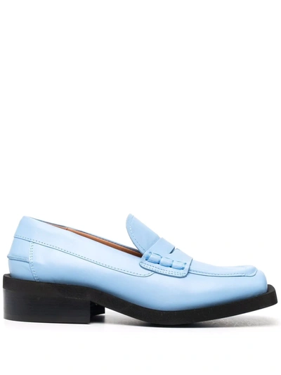 Ganni Square-toe Leather Penny Loafers In Light Blue