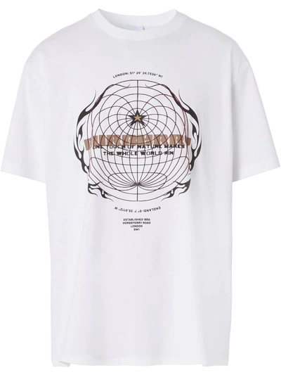 Burberry White Globe Graphic Print Cotton Oversized T-shirt