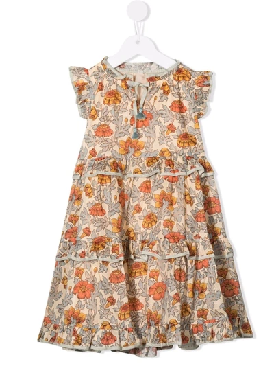 Zimmermann Kids' Andie Tiered Floral Cotton Dress In Dusty Blue Floral