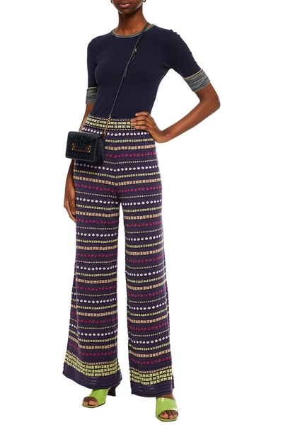 M Missoni Knitted Shimmery Wide-leg Trousers In Chevron Stripes In Purple