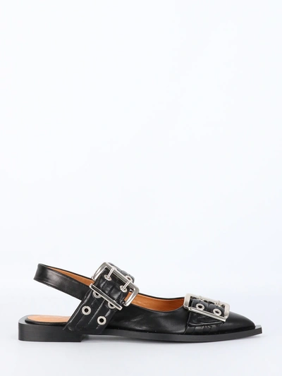 Ganni Feminine Buckle Slingback Flats In Black