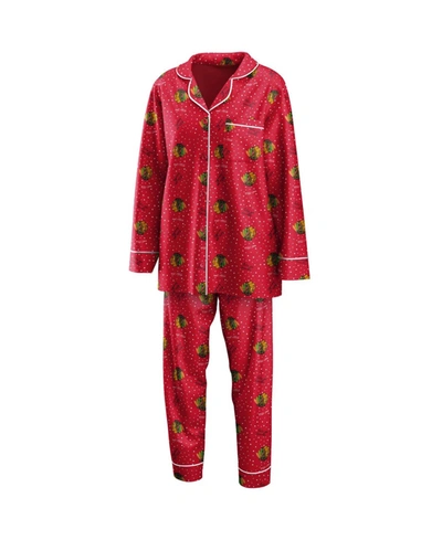 Wear By Erin Andrews Women's Red Chicago Blackhawks Long Sleeve Button-up Shirt Pants Sleep Set