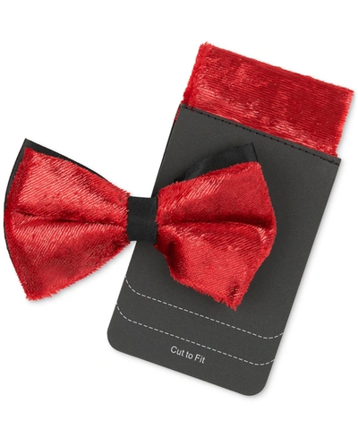Tallia Men's Velvet Pre-tied Bow Tie & Pocket Square Set In Red