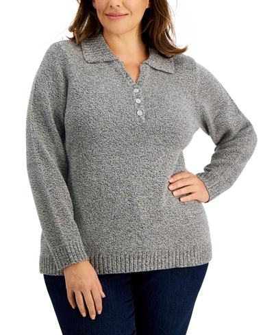 Karen Scott Plus Size Johnny-collar Sweater, Created For Macy's In Smoke Grey Heather