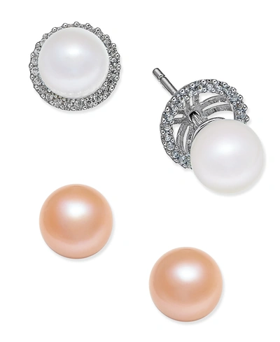 Macy's 6-pc. Set White And Pink Cultured Freshwater Pearl (7mm) Stud Earrings With Interchangeable Diamond In White Gold