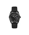 GUESS MEN'S BLACK LEATHER STRAP DAY-DATE WATCH 42MM