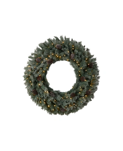 Nearly Natural Large Flocked Artificial Christmas Wreath With Pinecones, 150 Clear Led Lights And 360 Bendable Bran In Green
